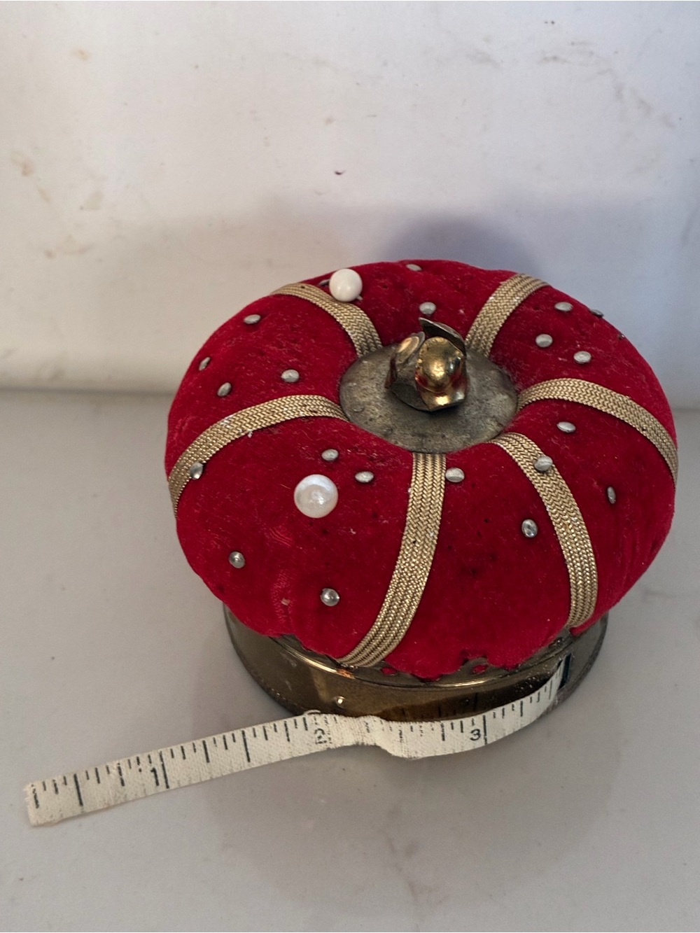 Vintage Japanese Red Velvet Crown Pin Cushion with Tape Measure.